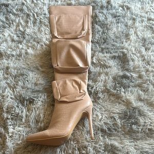 Nude faux over the knee thigh high boots, half zip closure, pocket detail